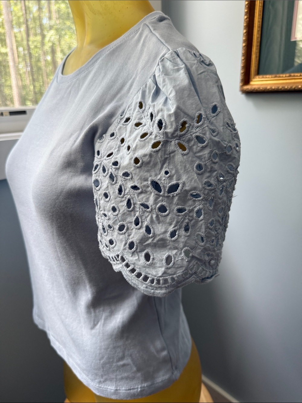 Philosophy Light Blue Gray Eyelet Puff Sleeve Tee - Picture 3 of 9